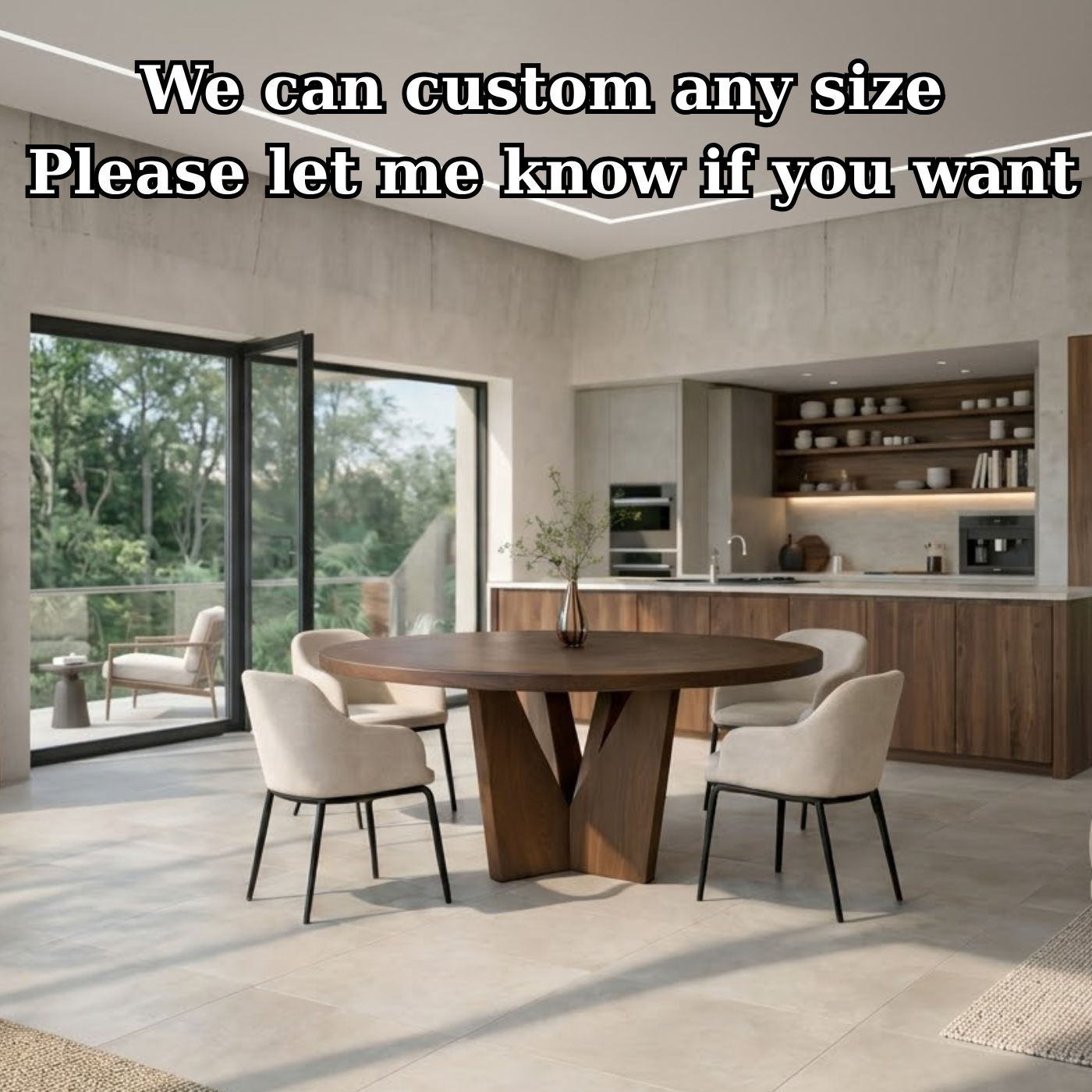 Round Solid Wood Dining Table with Sculptural Base Modern Walnut Kitchen Table