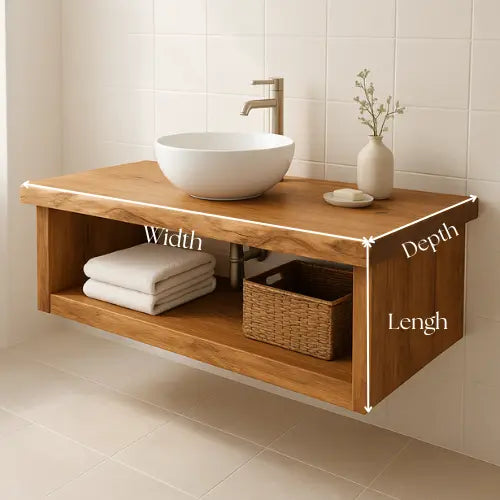 Handcrafted Floating Solid Wood Bathroom Vanity – Live Edge Countertop with Open Storage Shelf – Minimalist Natural Design Kitchnce