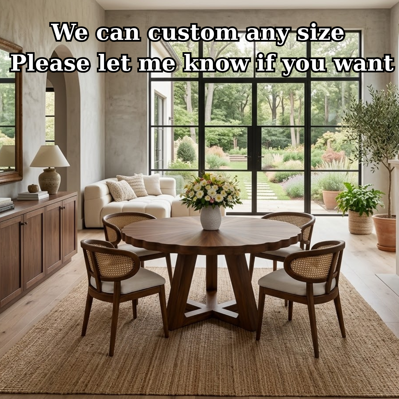 Round Solid Wood Dining Table with Scalloped Edge and Sculptural Base