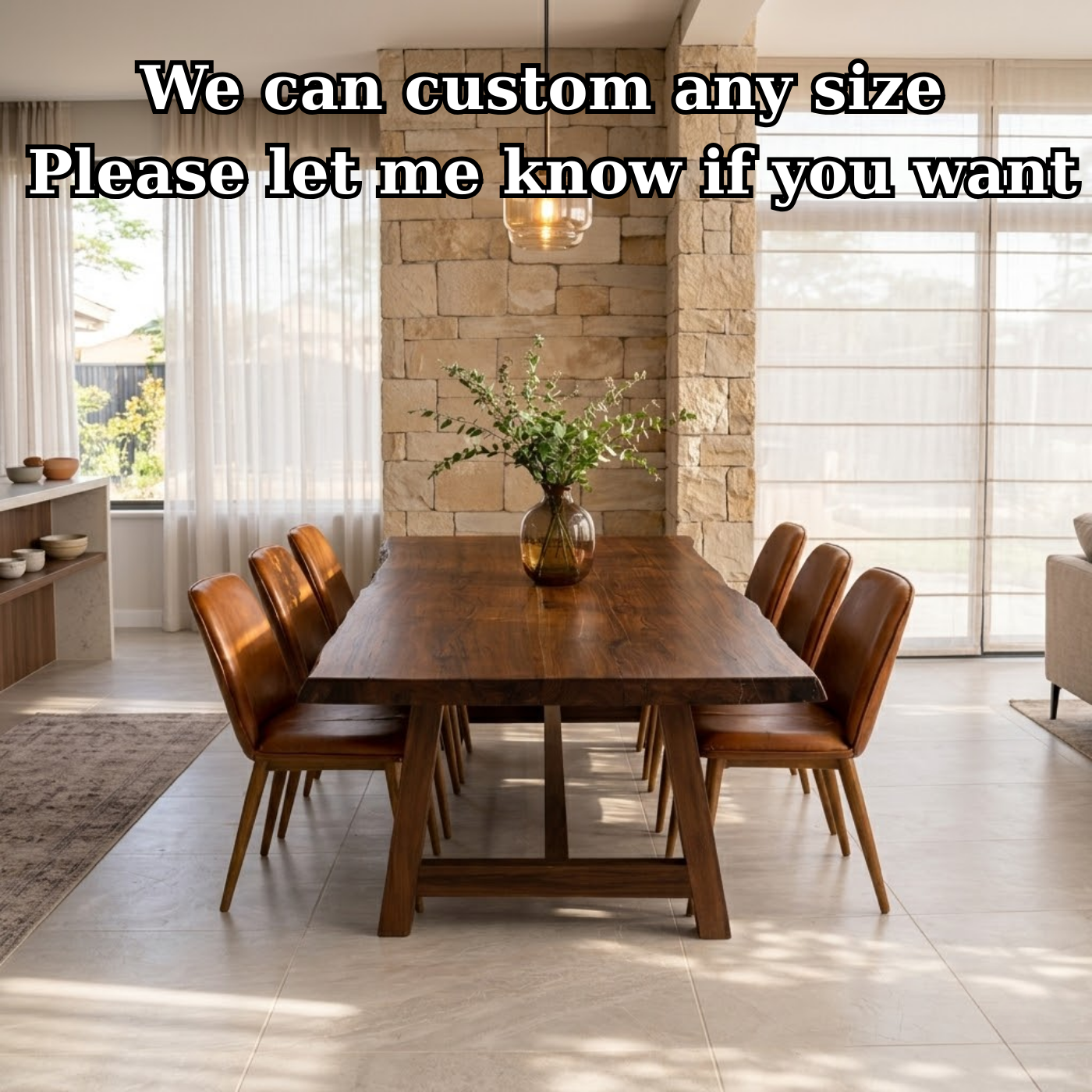 Live Edge Solid Wood Dining Table for Dining Room with Wooden Base