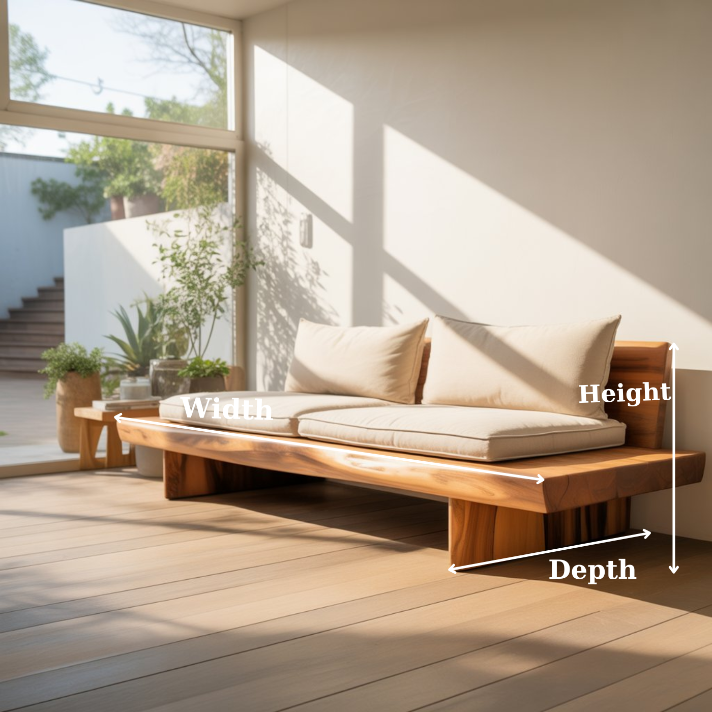 Handcrafted Solid Wood Sofa – Low Minimalist Design with Natural Live Edge and Linen Cushions Kitchnce
