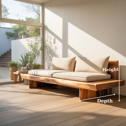 Handcrafted Solid Wood Sofa – Low Minimalist Design with Natural Live Edge and Linen Cushions Kitchnce