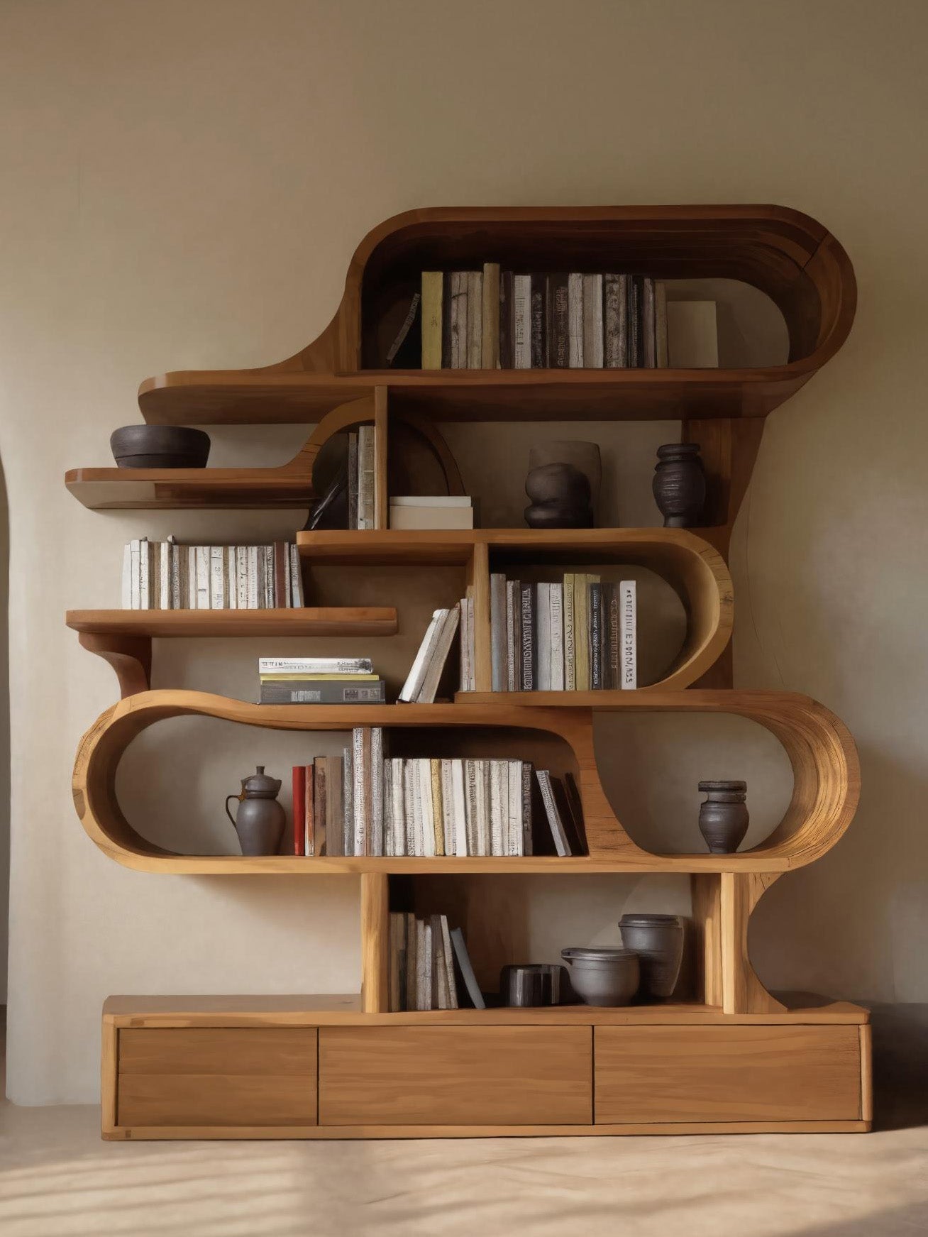 Modern Sculptural Bookshelf With Curved Design For Living Room Or Office Kitchnce