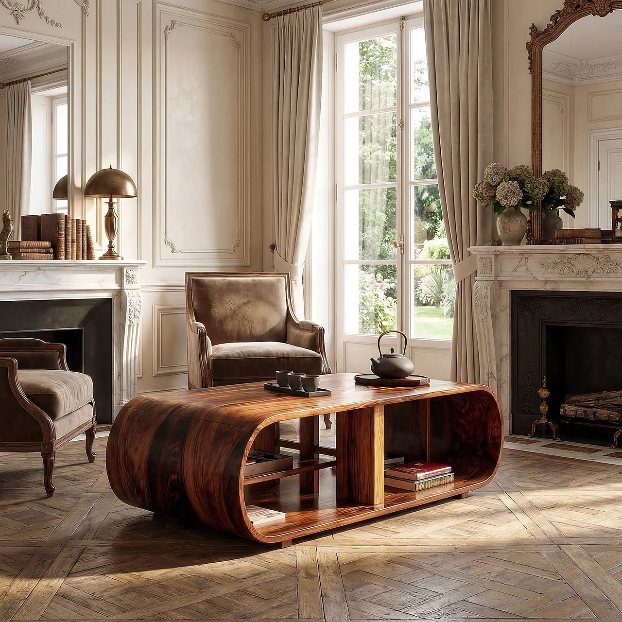 Curved Waterfall Coffee Table with Integrated Open Shelving