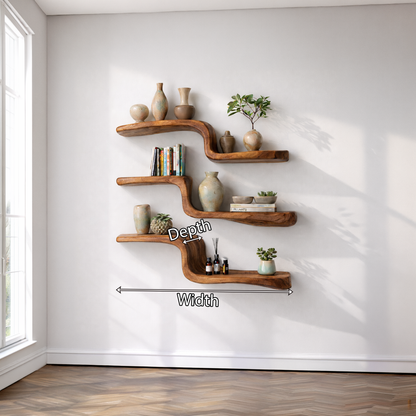 Natural Wood Floating Wall Shelf with Curved Layered Design