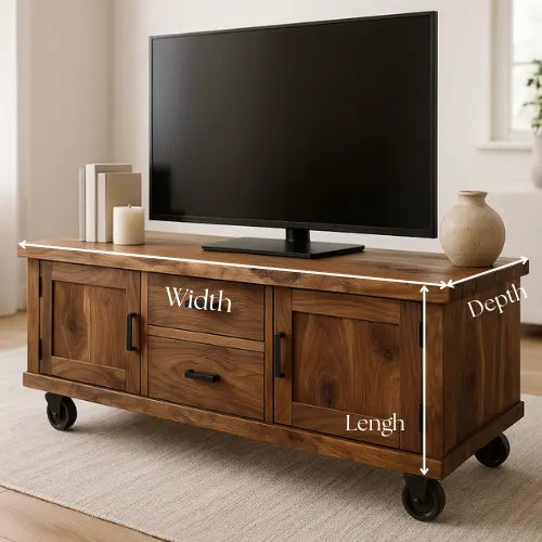 Handcrafted Solid Walnut TV Stand with Live Edge Top and Locking Wheels – Rustic Industrial Media Console Kitchnce