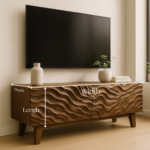Handcrafted Solid Walnut TV Stand with 3D Wave Texture – Modern Sculpted Wood Media Console Kitchnce