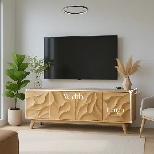 Handcrafted Solid Oak TV Stand with 3D Wave Carved Doors – Modern Artistic Console Table for Living Room Kitchnce