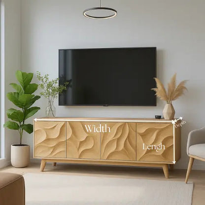 Handcrafted Solid Oak TV Stand with 3D Wave Carved Doors – Modern Artistic Console Table for Living Room Kitchnce