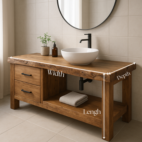 Handcrafted Solid Wood Bathroom Vanity – Live Edge Countertop with Drawers & Open Shelf – Rustic Modern Design for Natural Spa Interiors Kitchnce