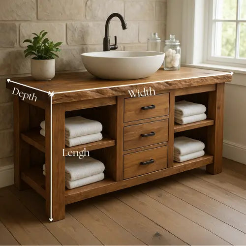 Handcrafted Solid Wood Bathroom Vanity – Live Edge Top with 3 Drawers & Open Shelving Kitchnce