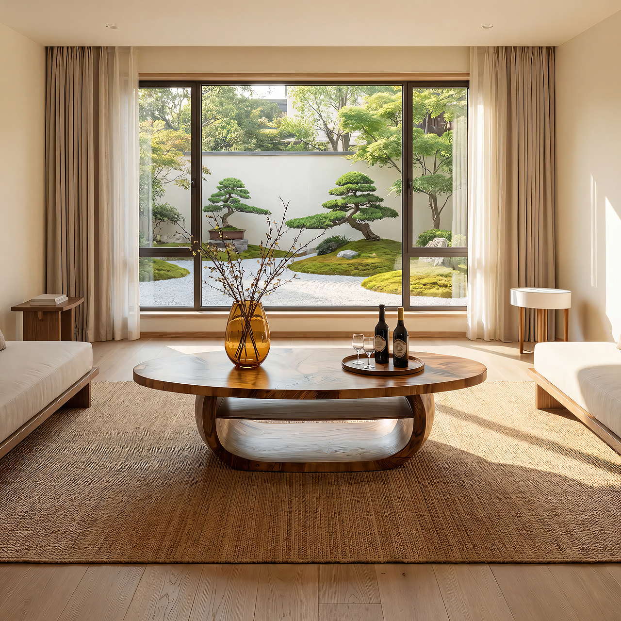 Organic Oval Coffee Table with Sculpted Loop Base and Shelf