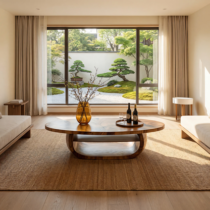 Organic Oval Coffee Table with Sculpted Loop Base and Shelf