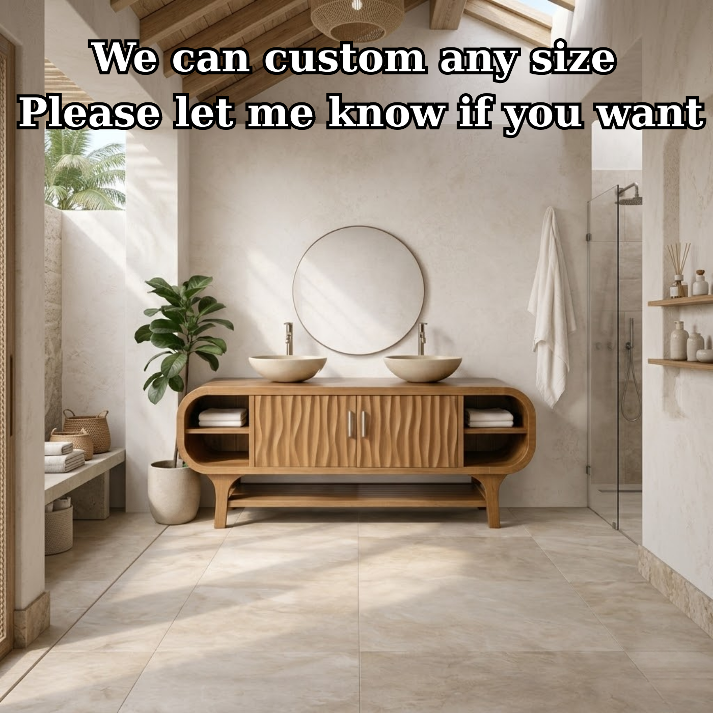 Solid Wood Bathroom Vanity Cabinet with Wave Texture Doors and Open Shelves