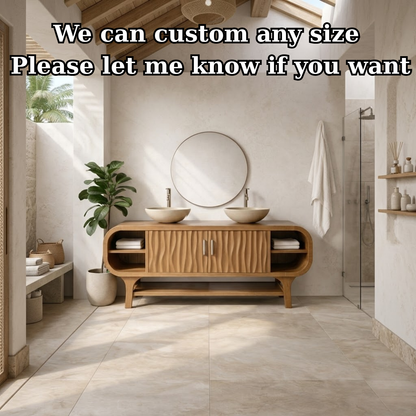 Solid Wood Bathroom Vanity Cabinet with Wave Texture Doors and Open Shelves