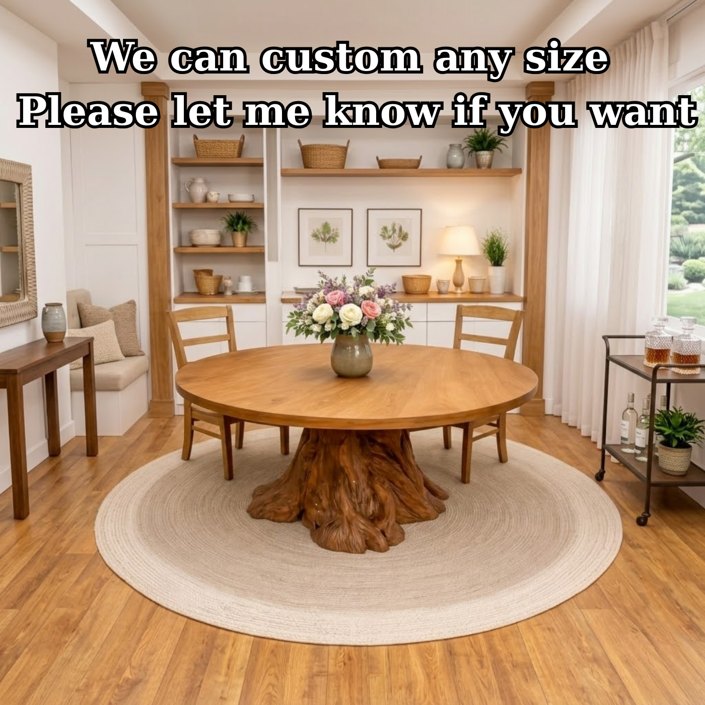 Round Solid Wood Dining Table with Natural Tree Stump Pedestal Base