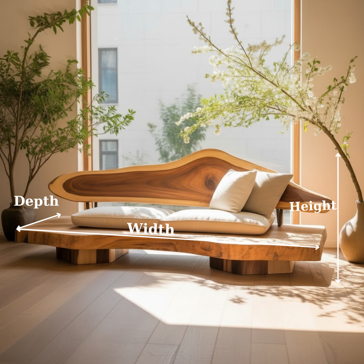 Handcrafted Solid Wood Sofa – Sculptural Live Edge Couch with Organic Form and Linen Cushions Kitchnce