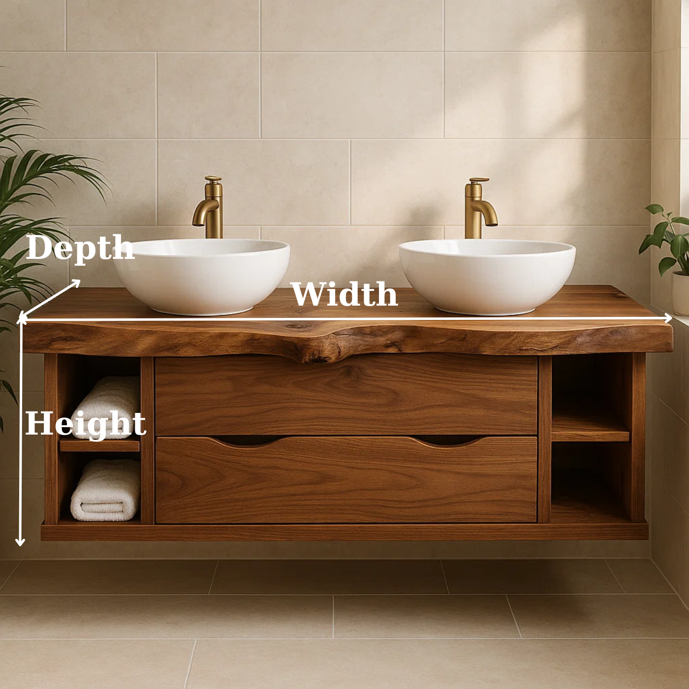Handcrafted Solid Wood Live-Edge Double Vanity - Rustic Floating Console with Storage Kitchnce