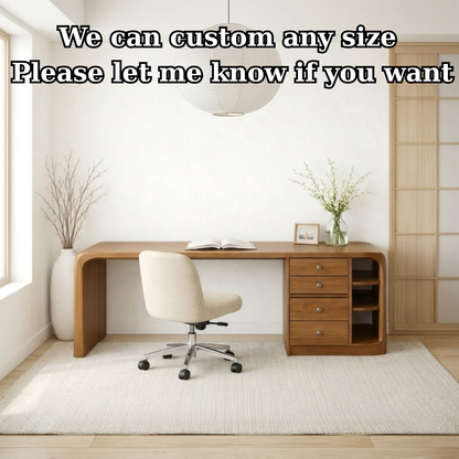 Solid Wood Waterfall Desk with Integrated Storage Drawers and Open Shelf