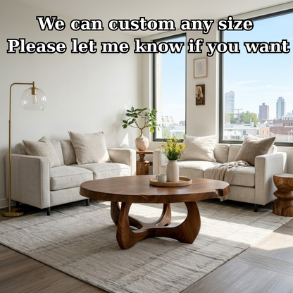 Modern Round Solid Wood Coffee Table with Sculptural Pedestal Base