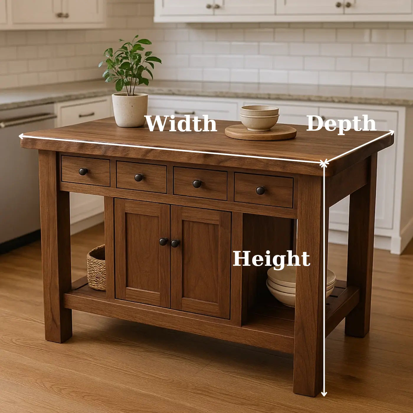 Handcrafted Solid Wood Kitchen Island - 4 Drawers & Cabinet Storage Kitchnce