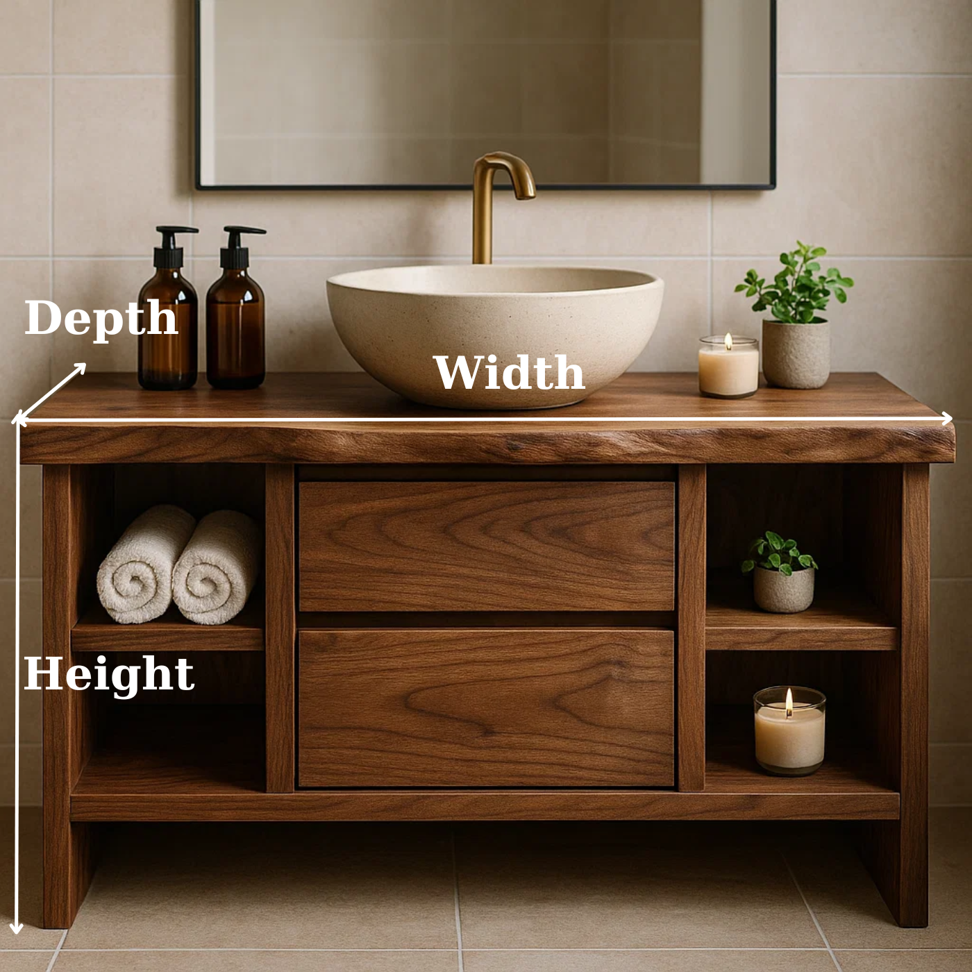 Handcrafted Solid Wood Single Vanity - Rustic Walnut Live Edge Bathroom Console Kitchnce