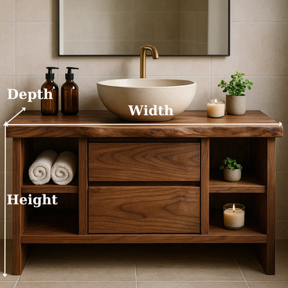 Handcrafted Solid Wood Single Vanity - Rustic Walnut Live Edge Bathroom Console Kitchnce