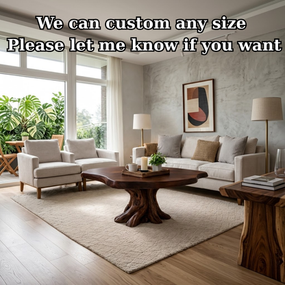Solid Wood Round Coffee Table for Rustic Living Room with Tree Root Base