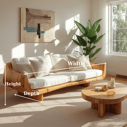 Handcrafted Solid Wood Sofa – Modern Curved Frame with Linen Cushions and Natural Finish Kitchnce