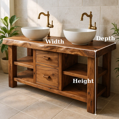 Handcrafted Solid Wood Floating Double Vanity - Live Edge Top, 2 Drawers & Open Shelves Kitchnce