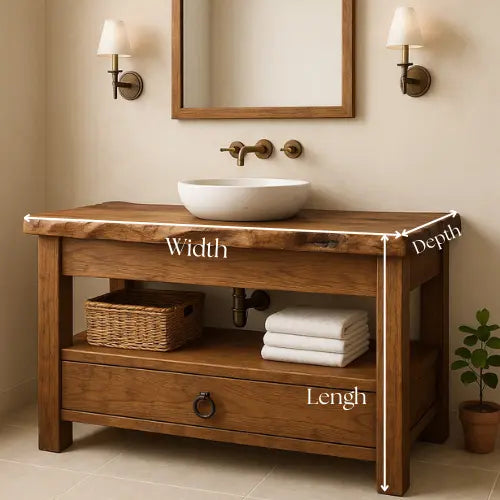Handcrafted Solid Wood Bathroom Vanity – Live Edge Countertop with Drawer and Shelf – Rustic Organic Farmhouse Sink Console Kitchnce