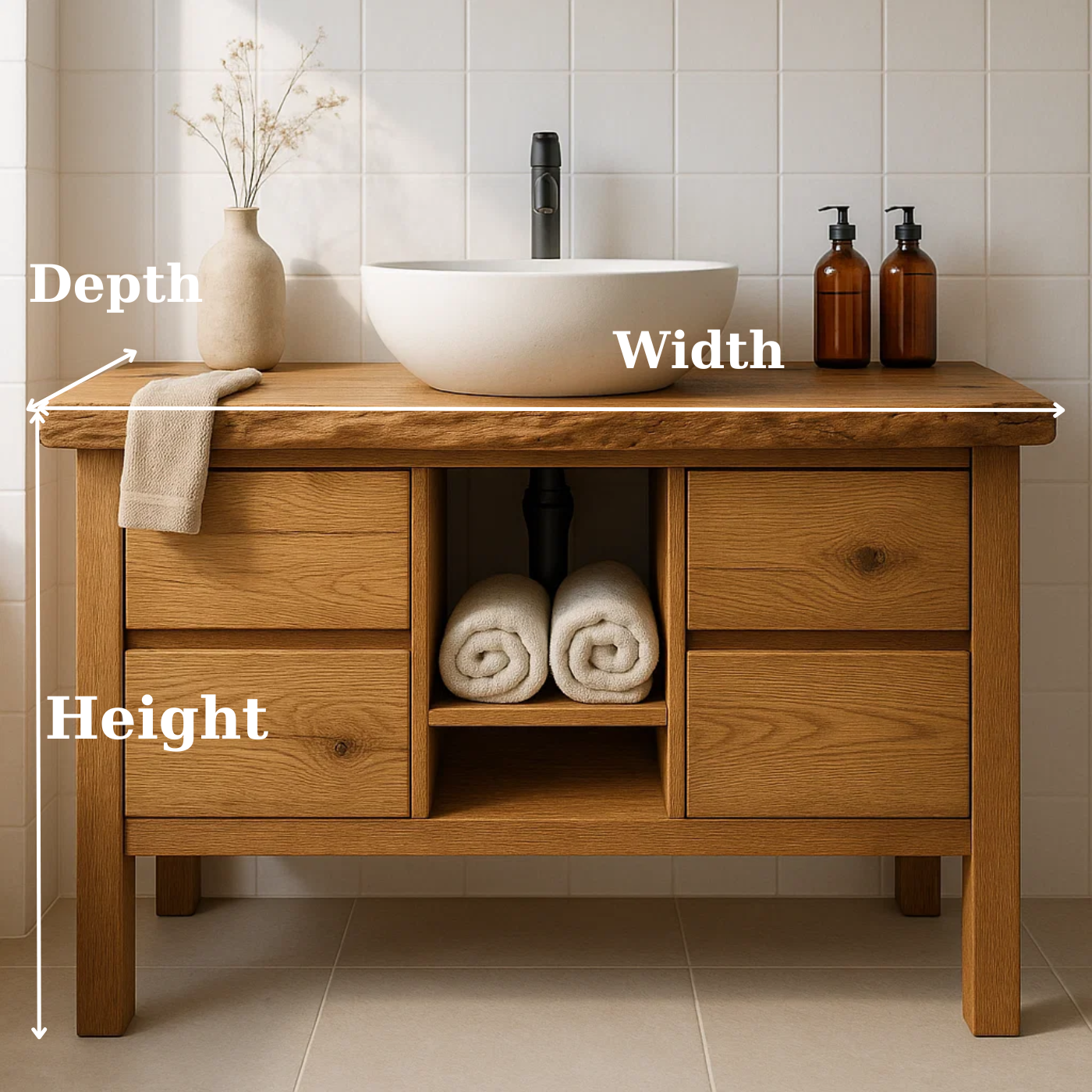 Handcrafted Solid Wood Bathroom Vanity - Live Edge Top with Drawers & Open Shelf Storage Kitchnce