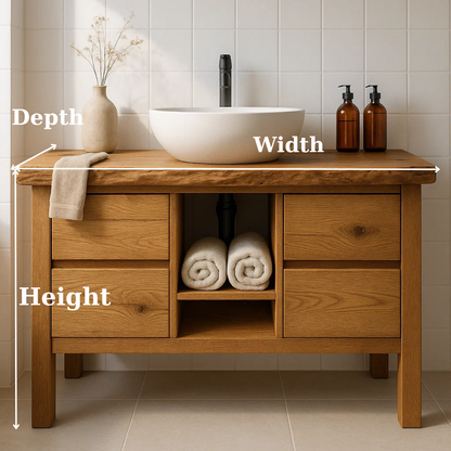 Handcrafted Solid Wood Bathroom Vanity - Live Edge Top with Drawers & Open Shelf Storage Kitchnce
