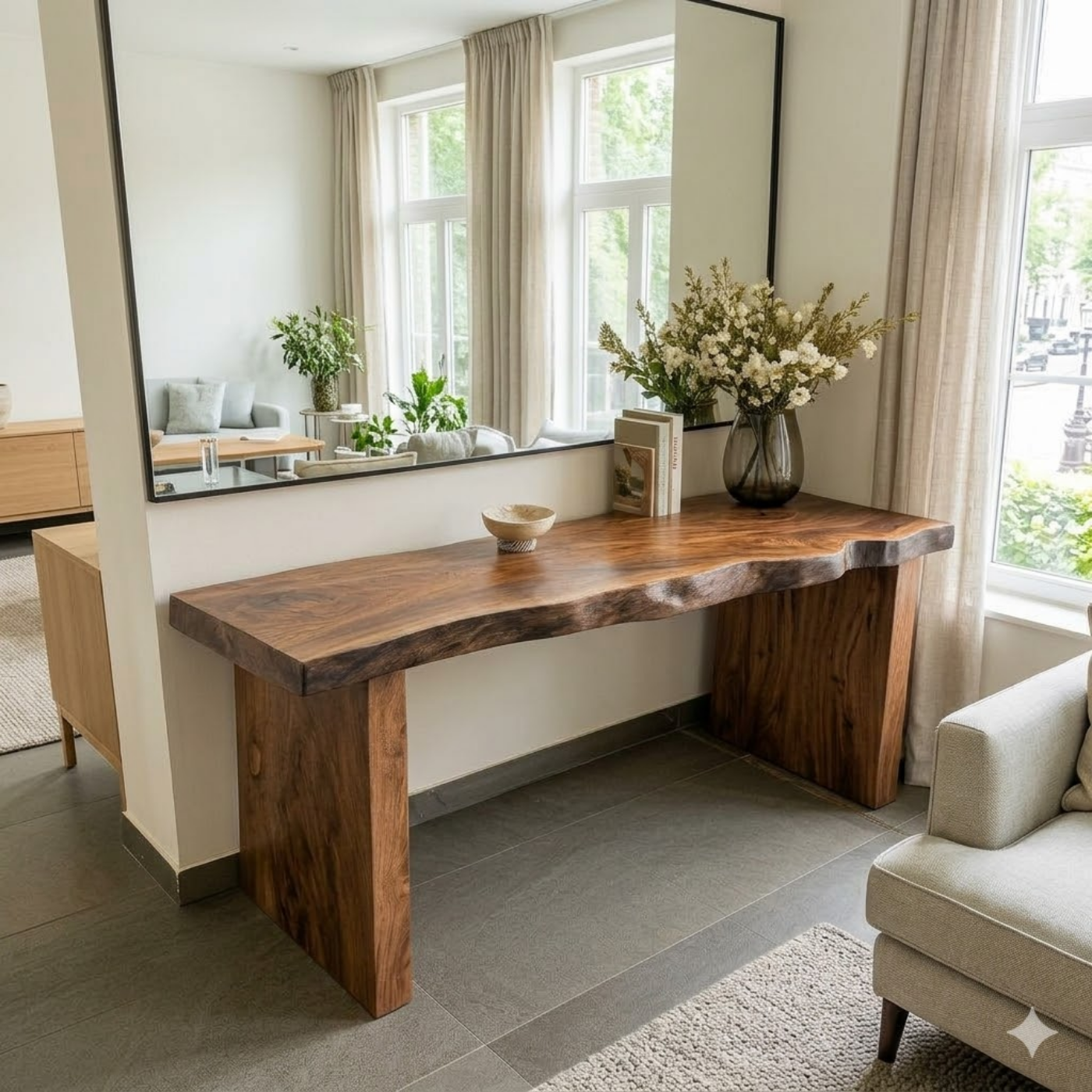Solid Wood Console Table with Live Edge Top and Simple Block Base