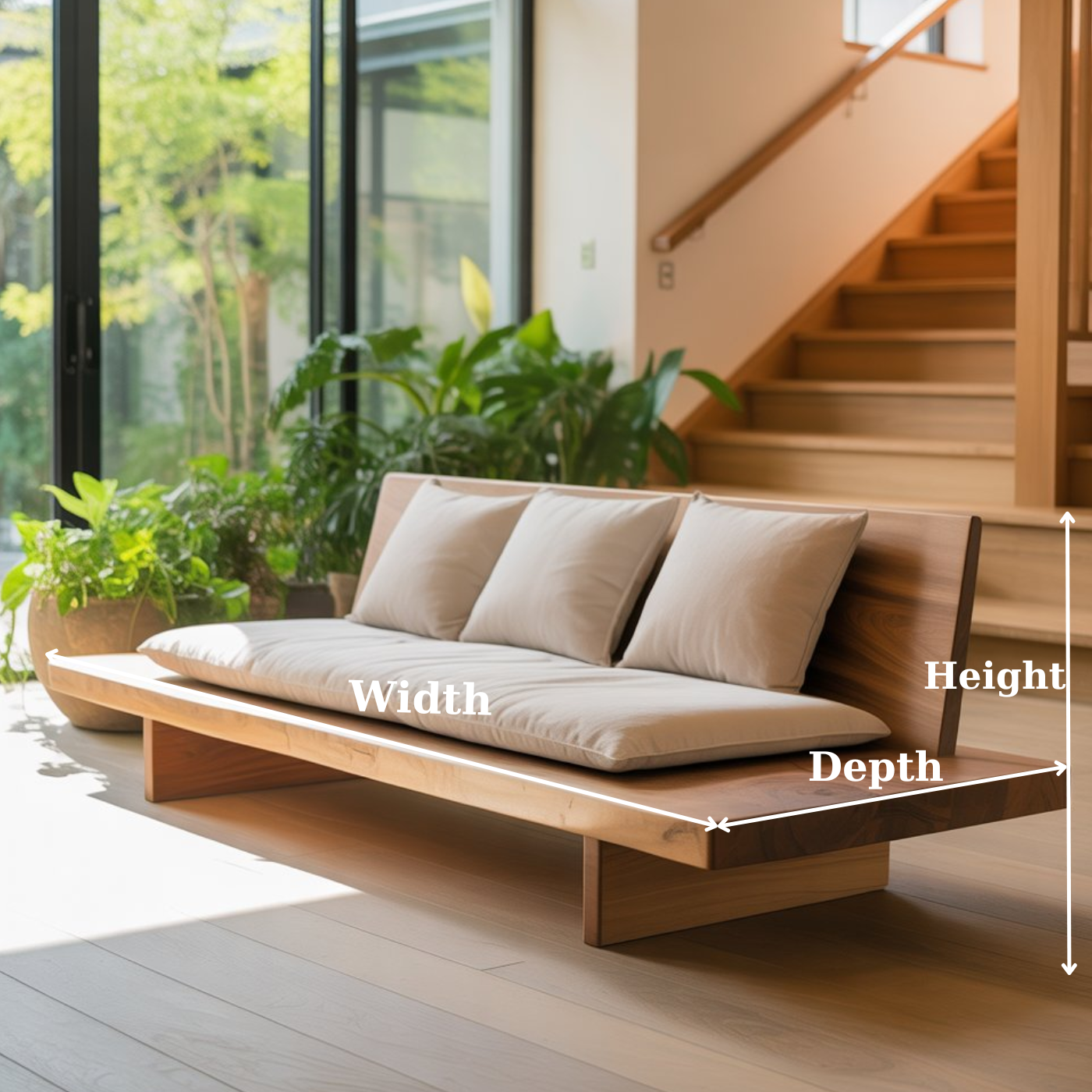 Handcrafted Solid Wood Sofa – Low Japanese Style Couch with Minimalist Design and Linen Cushions Kitchnce