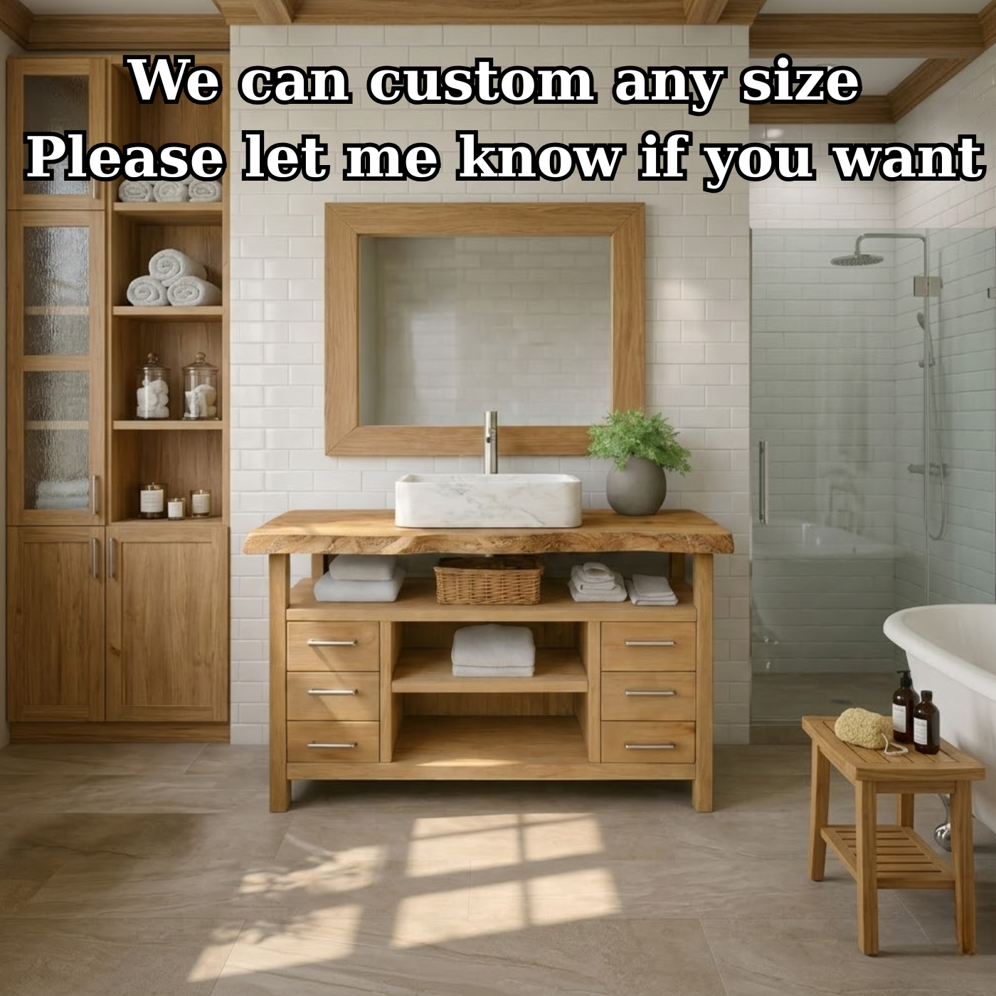 Solid Wood Bathroom Vanity with Six Drawers and Open Shelves – Freestanding Natural Wood Vanity Cabinet Kitchnce