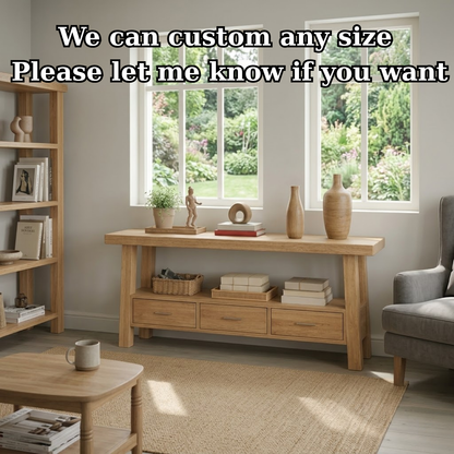 Solid Wood Console Table for Living Room with 3 Drawers and Open Shelf