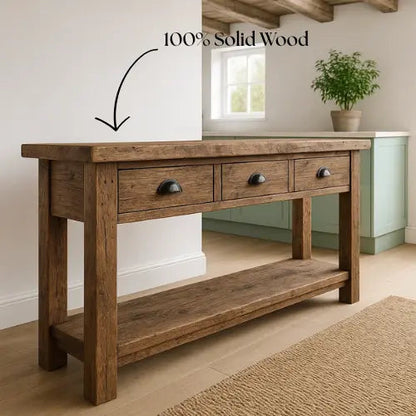 Rustic Solid Wood Console Table with Black Iron Handles, Handcrafted Kitchnce