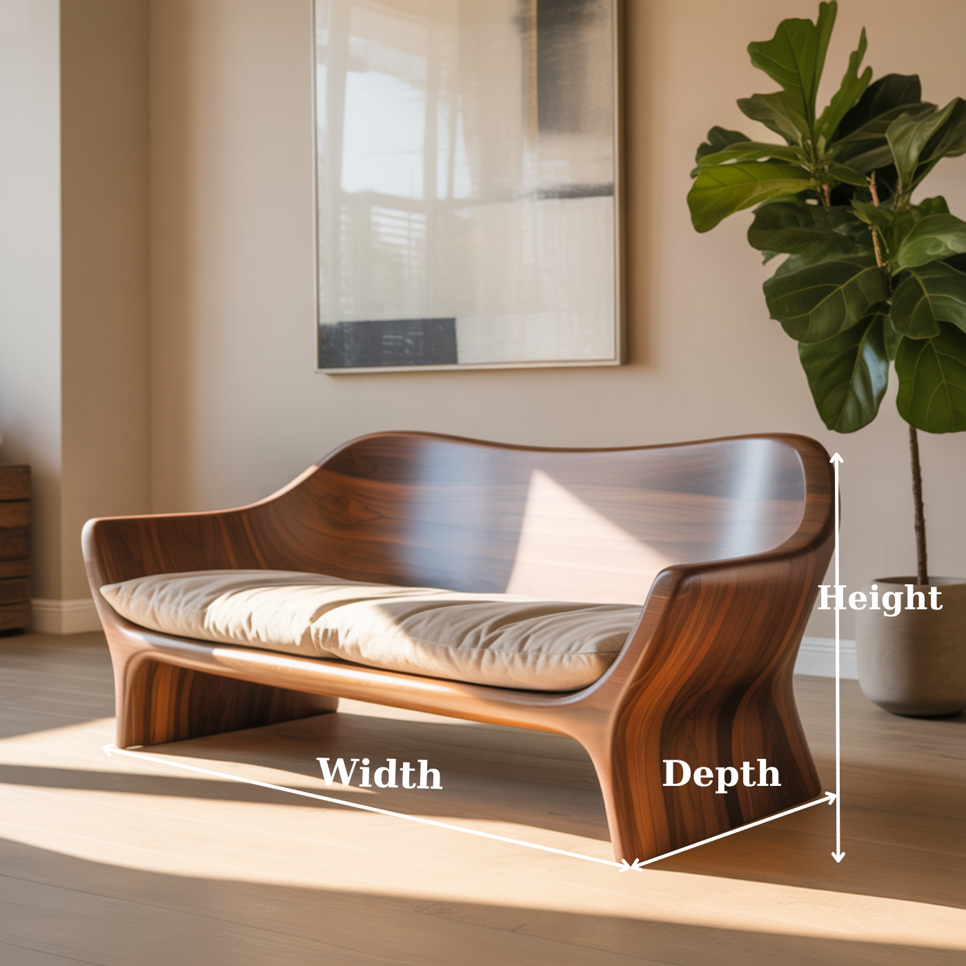 Handcrafted Solid Walnut Sofa – Sculptural Organic Wood Couch with Smooth Curves and Cushion Seat Kitchnce