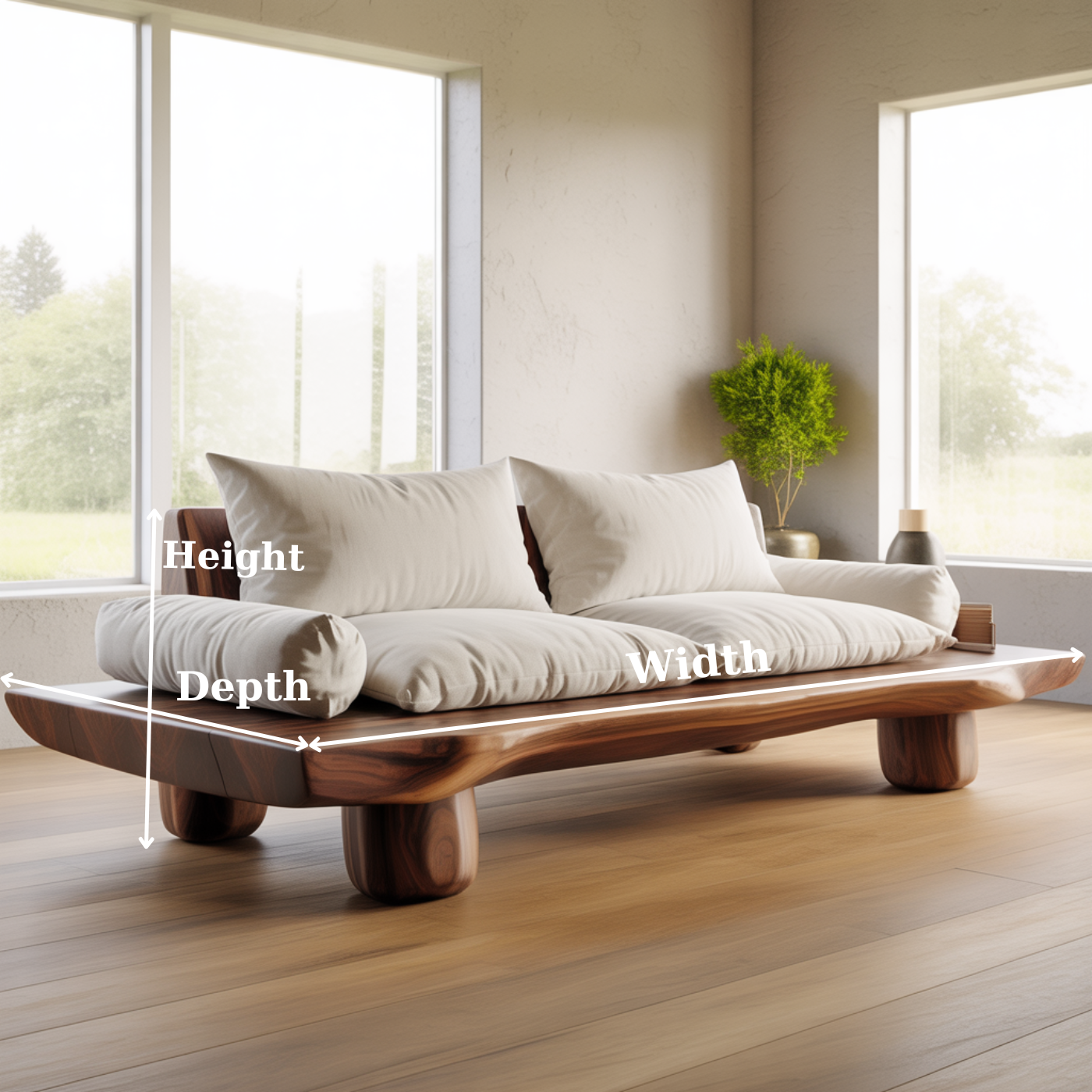 Handcrafted Solid Walnut Sofa – Low Organic Wood Couch with Linen Cushions and Rounded Legs Kitchnce