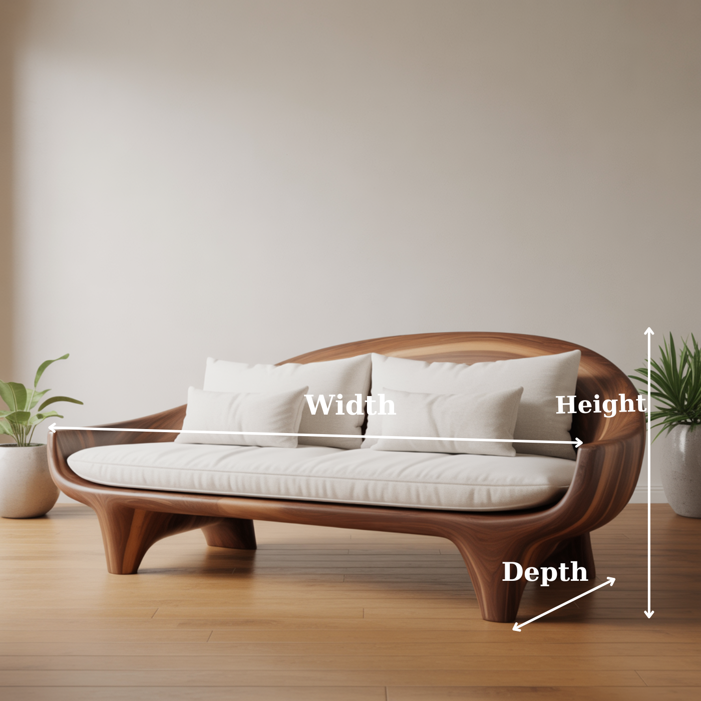 Handcrafted Solid Wood Sofa – Modern Organic Wood Couch with Smooth Curves and Linen Cushions Kitchnce