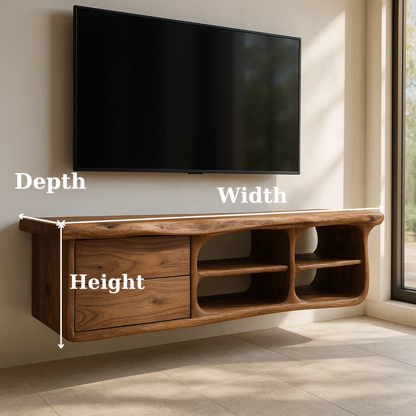 Handcrafted Solid Wood Floating TV Stand with Live Edge - Rustic Modern Media Console Kitchnce