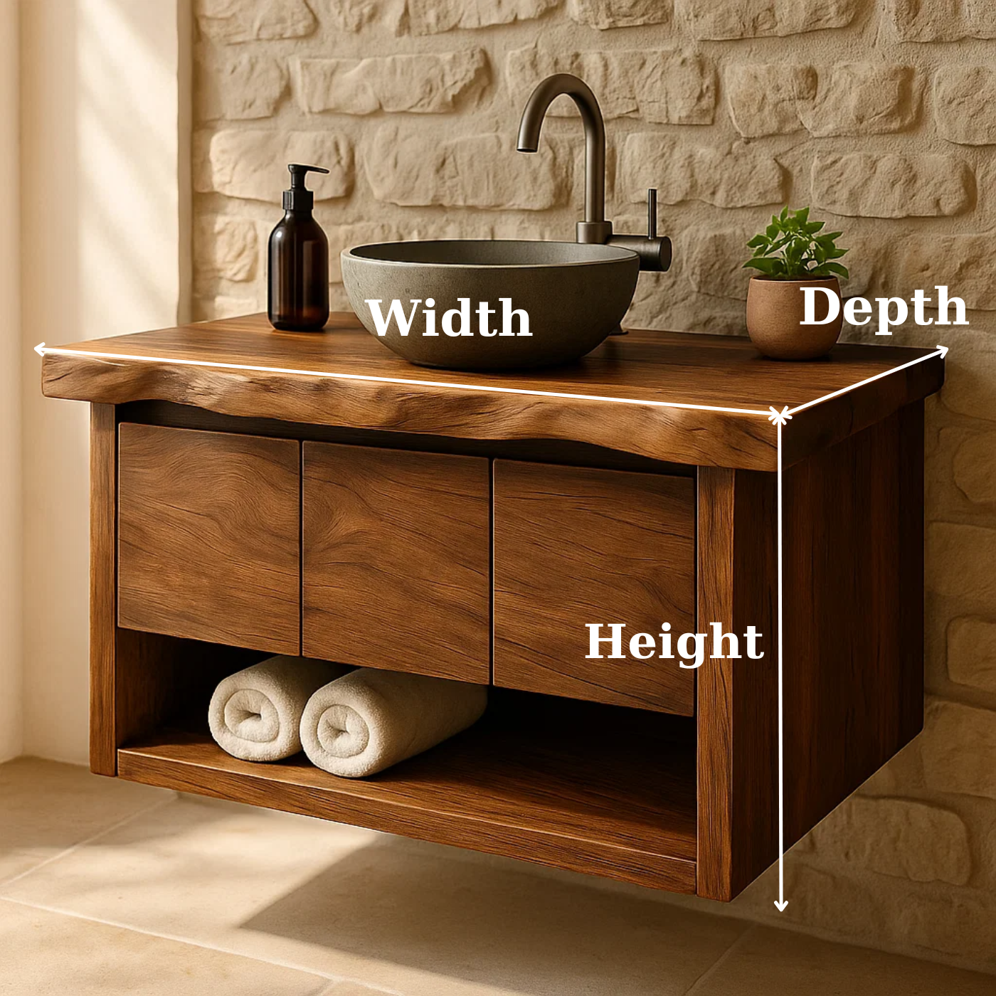 Handcrafted Solid Wood Floating Bathroom Vanity with Live Edge Top - Rustic Modern Washstand Kitchnce
