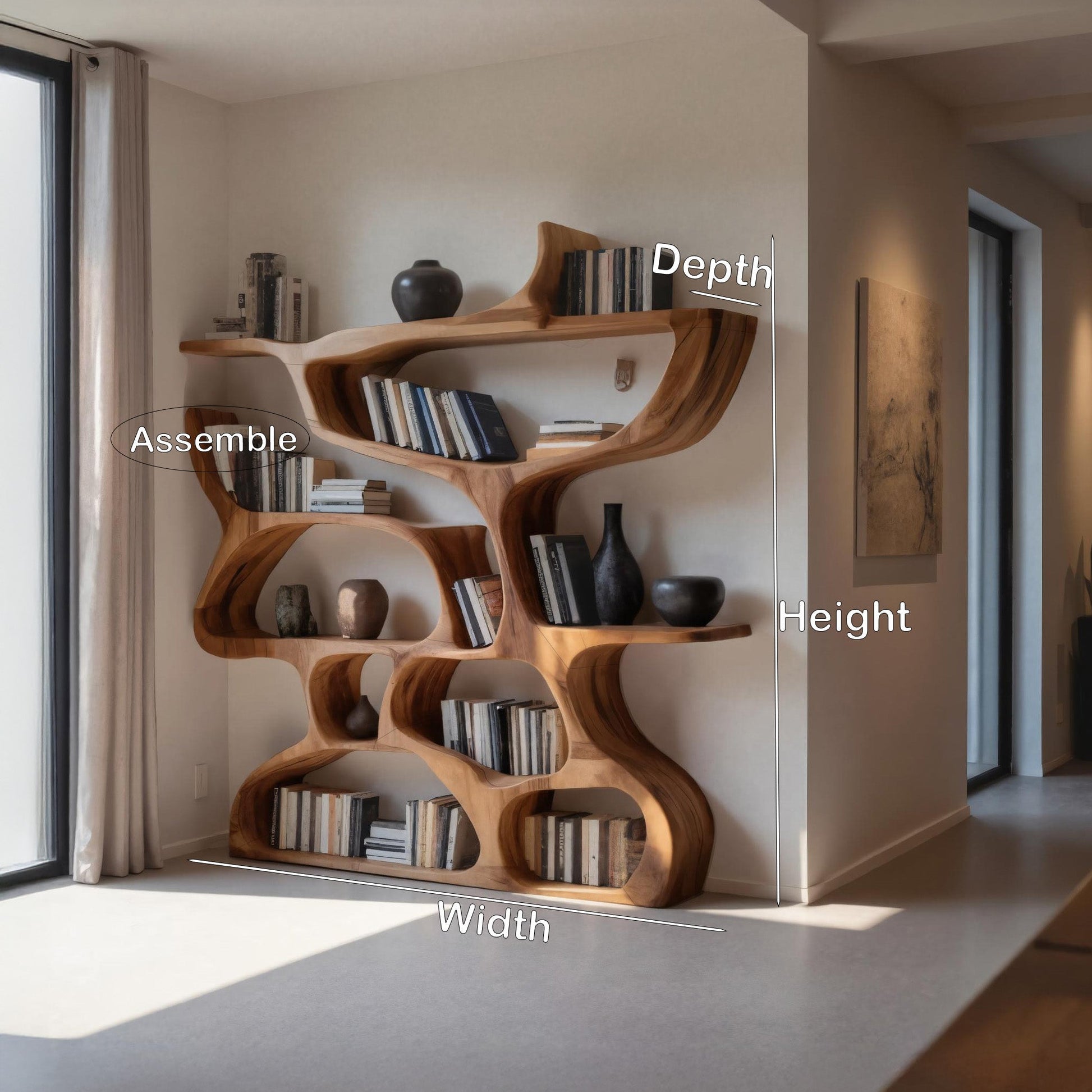 Modern Bookshelf With Organic Carved Design For Living Room Or Office Kitchnce