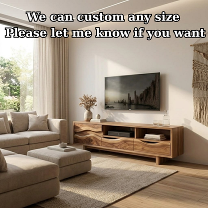 Solid Wood TV Stand with Wave Carved Drawers – Modern Rustic Media Console