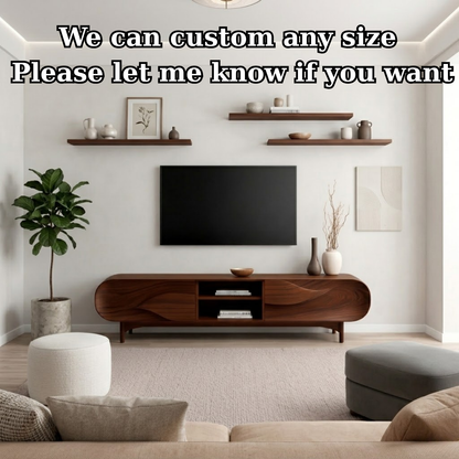 Solid Wood TV Stand with Sculpted Wave Front – Modern Walnut Media Console