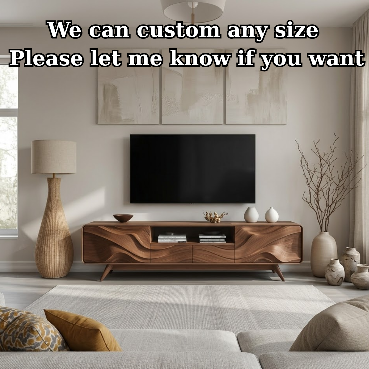 Solid Wood TV Stand with Sculpted Wave Front – Modern Rustic Media Console