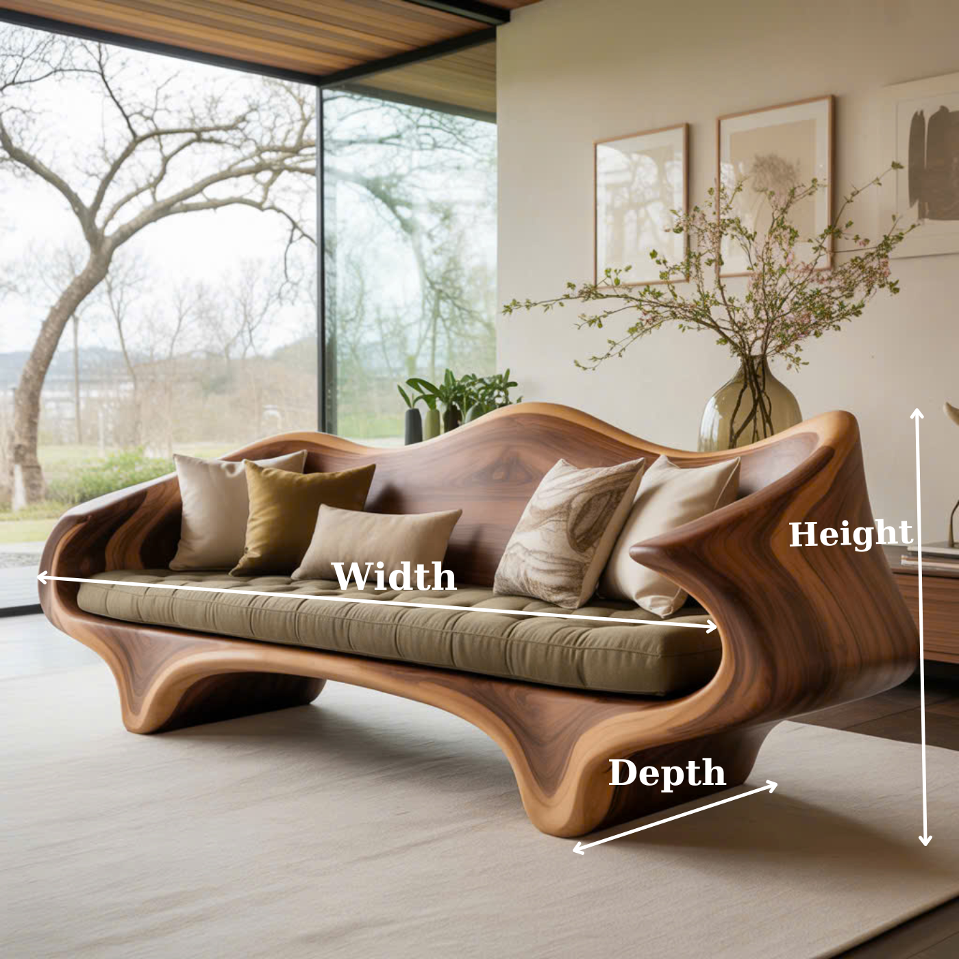 Handcrafted Solid Wood Sofa – Sculptural Organic Wood Couch with Artistic Curves and Cushion Seat Kitchnce
