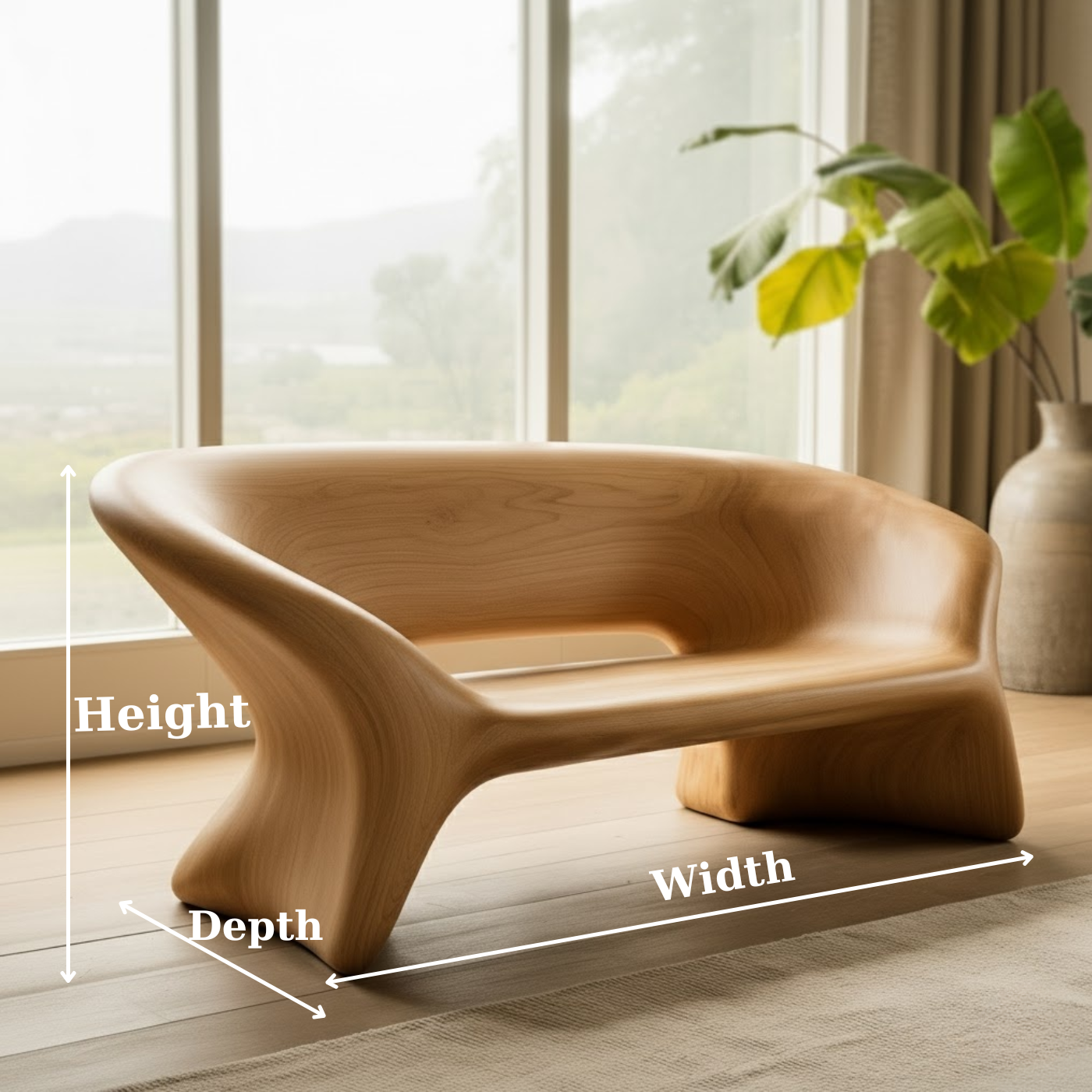 Handcrafted Solid Wood Sofa – Sculptural Organic Bench-Style Couch with Smooth Minimalist Design Kitchnce