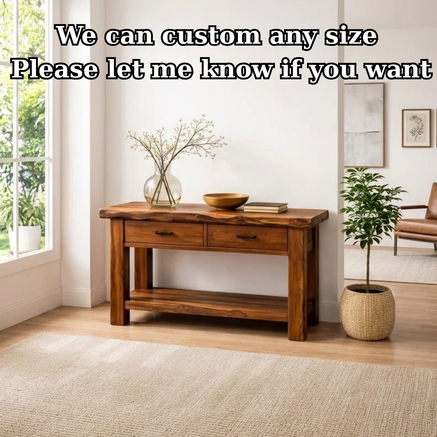 Solid Wood Console Table with Drawers and Shelf